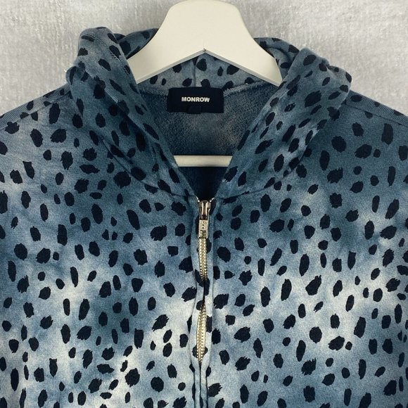 Monrow Hoodie Women XS Cropped Zip Up Cheetah Print Blue Jacket - Picture 3 of 14
